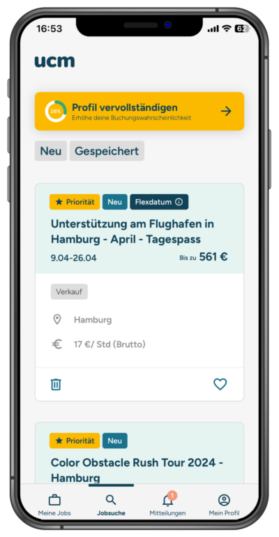 Mock-up der ucm.jobs App